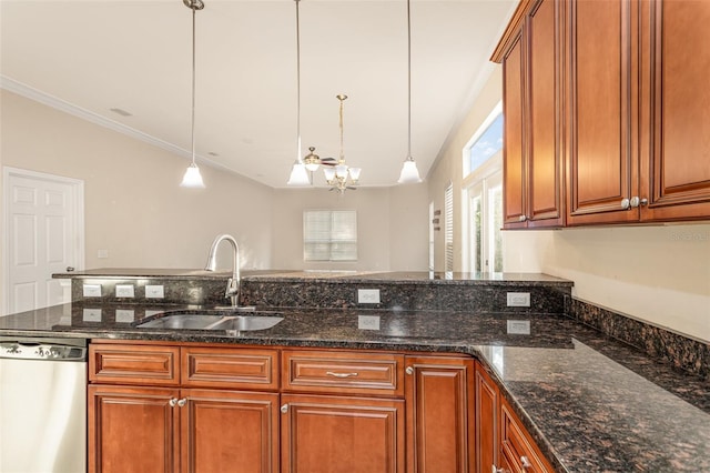 kitchen with stainless steel dishwasher, a sink, and brown cabinets