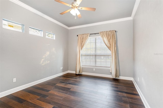 empty room with a ceiling fan, crown molding, baseboards, and wood finished floors