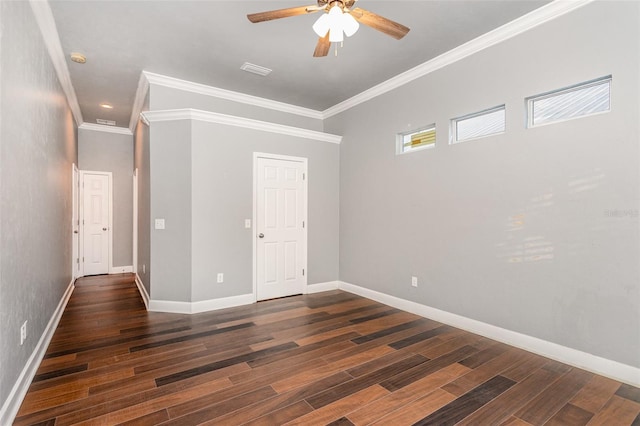 unfurnished bedroom featuring ceiling fan, baseboards, wood finished floors, and ornamental molding