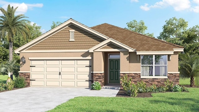 view of front facade with stucco siding, concrete driveway, a front yard, a garage, and stone siding