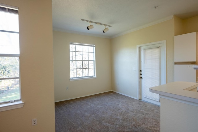 carpeted spare room featuring a textured ceiling, track lighting, baseboards, and crown molding