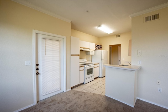 kitchen featuring white appliances, visible vents, a sink, and ornamental molding