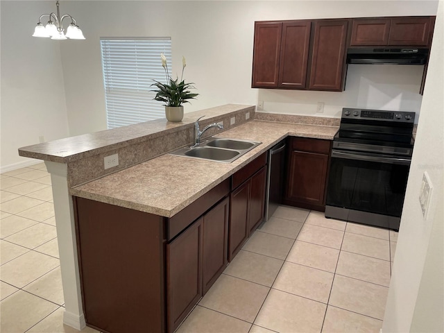 kitchen featuring dishwashing machine, under cabinet range hood, a peninsula, a sink, and electric stove