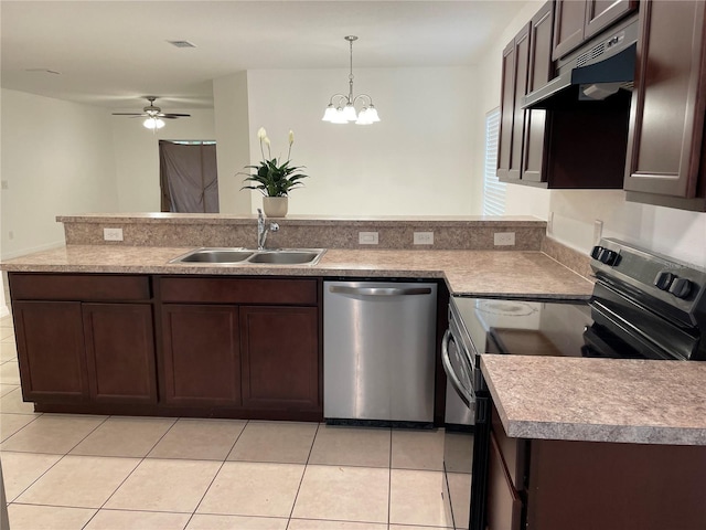 kitchen featuring under cabinet range hood, a peninsula, a sink, black electric range, and stainless steel dishwasher