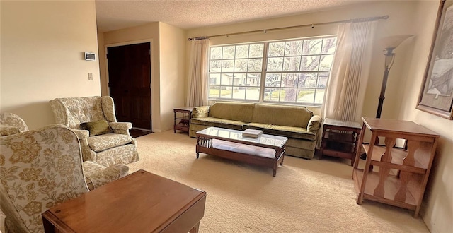 sitting room featuring a textured ceiling and light colored carpet