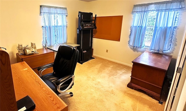 home office with light carpet and baseboards