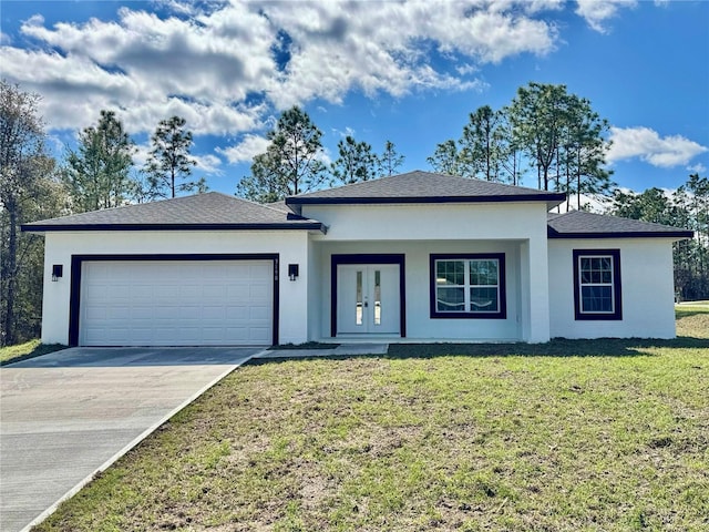 ranch-style home featuring a garage, concrete driveway, a front lawn, and stucco siding