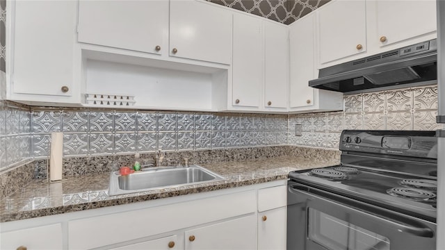 kitchen with white cabinets, decorative backsplash, black electric range, under cabinet range hood, and a sink