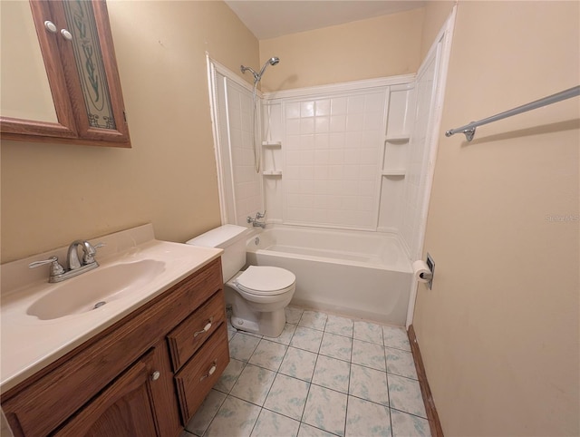 bathroom with toilet, tile patterned flooring, vanity, and shower / bathtub combination