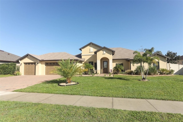 mediterranean / spanish home with a garage, a front yard, decorative driveway, and stucco siding