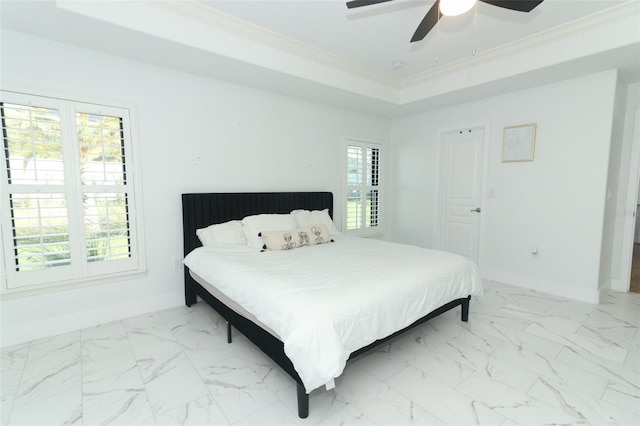 bedroom with marble finish floor, ornamental molding, multiple windows, and baseboards