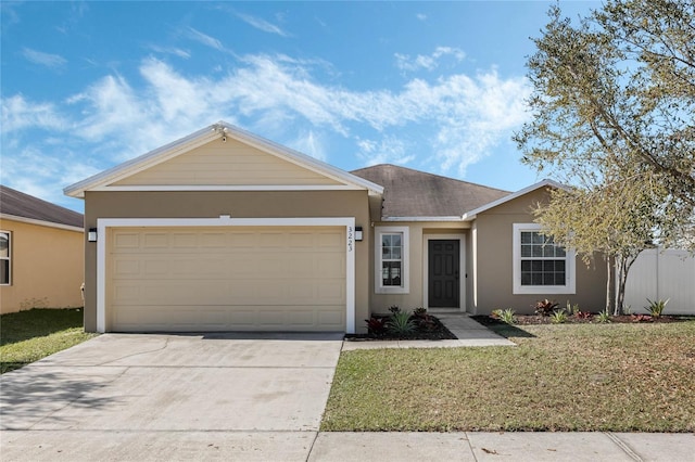 ranch-style house featuring an attached garage, a shingled roof, driveway, stucco siding, and a front lawn