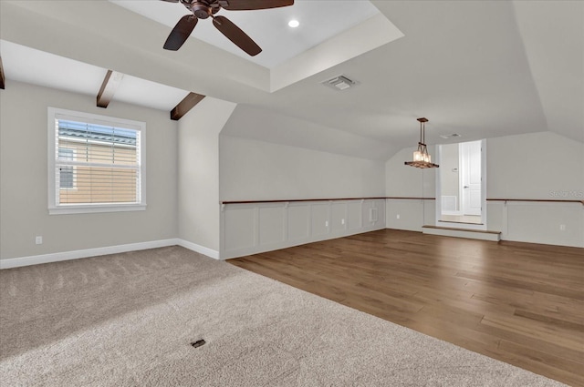 bonus room featuring recessed lighting, visible vents, lofted ceiling with beams, wood finished floors, and baseboards