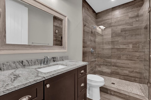 bathroom featuring toilet, a shower stall, and vanity