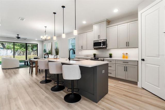 kitchen featuring stainless steel appliances, light countertops, decorative backsplash, a kitchen island with sink, and a sink