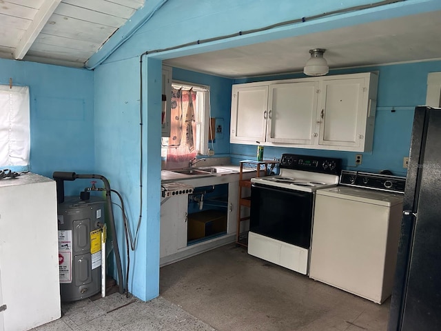 kitchen featuring vaulted ceiling with beams, electric range oven, freestanding refrigerator, a sink, and washer / dryer