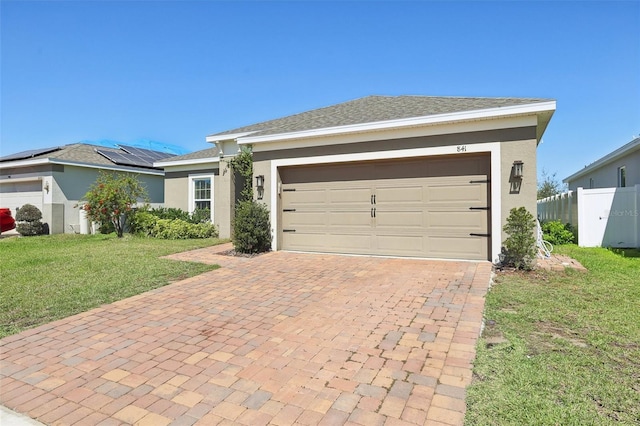 ranch-style house featuring stucco siding, decorative driveway, fence, a front yard, and an attached garage