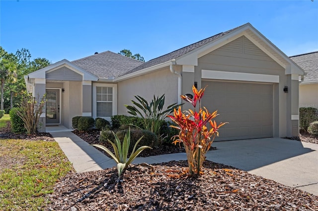 single story home with roof with shingles, driveway, an attached garage, and stucco siding