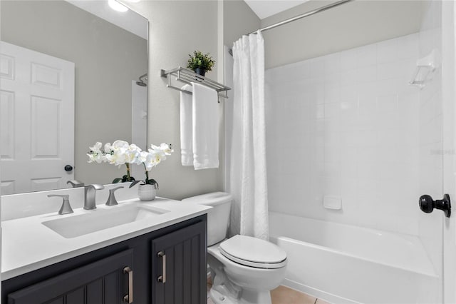 full bath featuring toilet, tile patterned flooring, shower / tub combo with curtain, and vanity