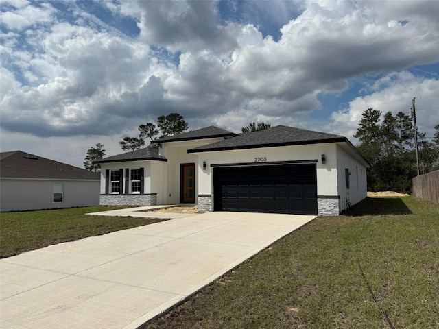 view of front facade with stucco siding, a garage, stone siding, driveway, and a front lawn