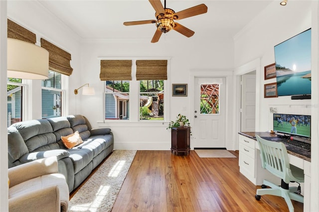 living room with baseboards, light wood-type flooring, a fireplace, and crown molding