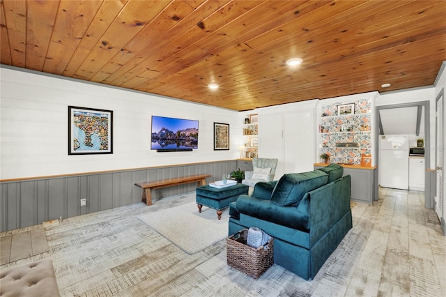 living room with wood ceiling, wood-type flooring, and recessed lighting