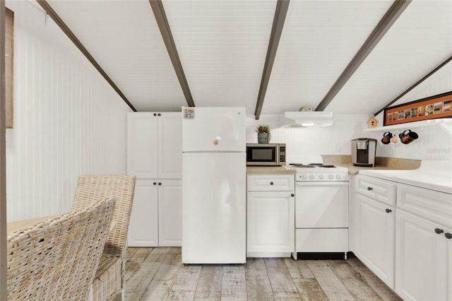 kitchen with range hood, light countertops, light wood-style flooring, white cabinetry, and white appliances