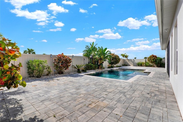 view of pool featuring a fenced in pool, a fenced backyard, and a patio