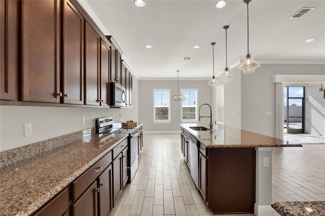 kitchen with stainless steel appliances, a wealth of natural light, visible vents, a sink, and an island with sink