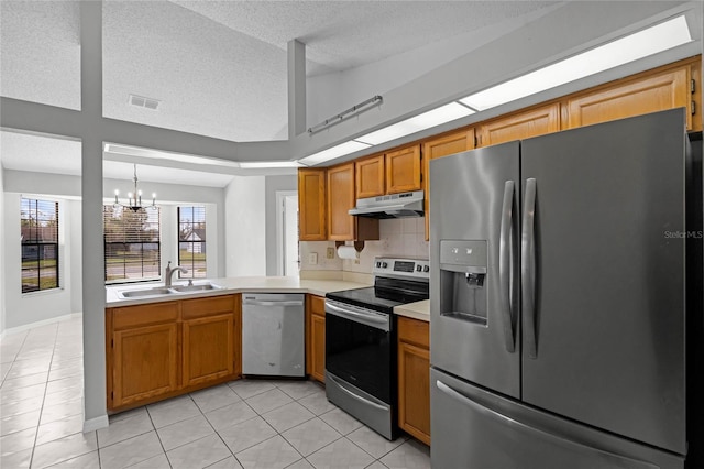 kitchen featuring under cabinet range hood, stainless steel appliances, a peninsula, a sink, and visible vents