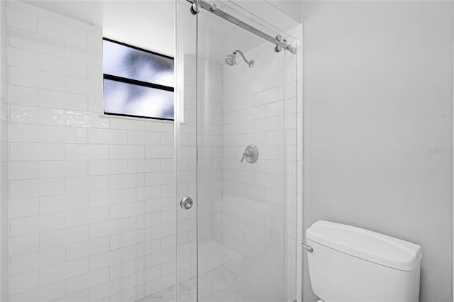 full bathroom featuring a shower stall and toilet