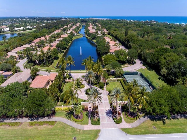 drone / aerial view featuring a water view