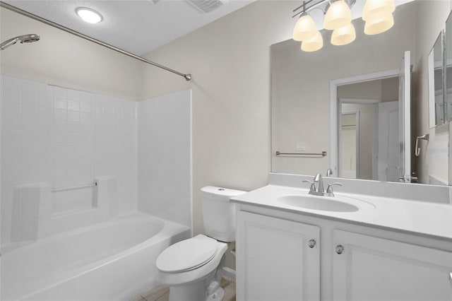 full bathroom with visible vents, shower / bathing tub combination, toilet, vanity, and a textured ceiling