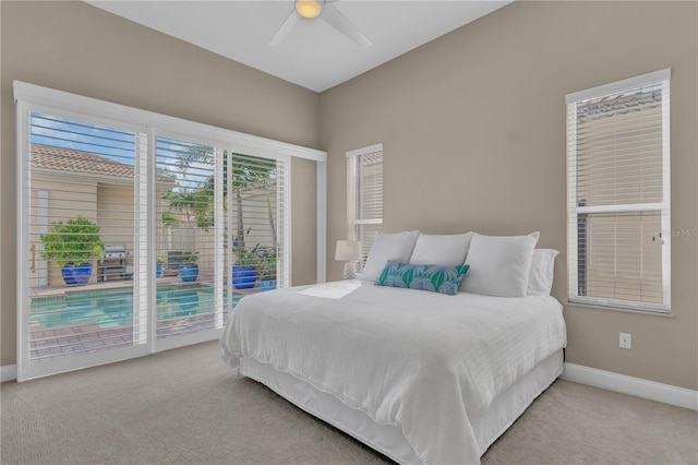 bedroom with carpet floors, access to outside, baseboards, and a ceiling fan