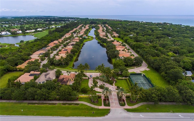 bird's eye view with a water view