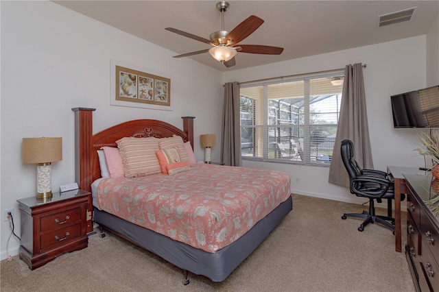 bedroom with visible vents, ceiling fan, light carpet, and baseboards