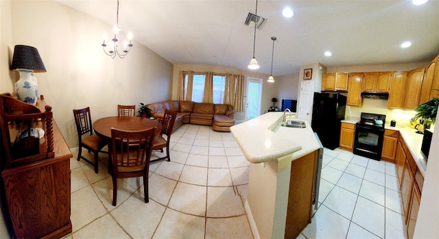 interior space with recessed lighting, visible vents, vaulted ceiling, and light tile patterned floors