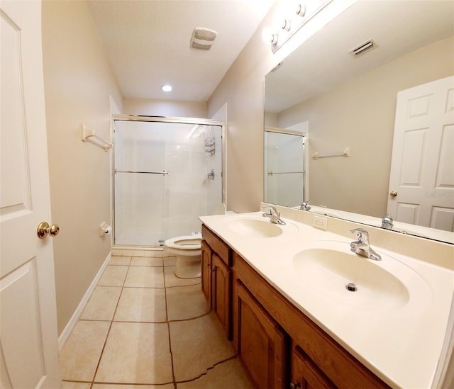 full bathroom with visible vents, a sink, a shower stall, and tile patterned floors