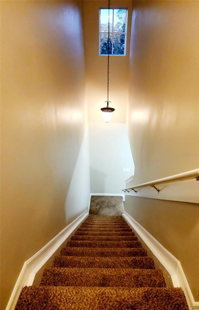 stairway featuring carpet floors and baseboards