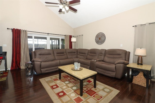 living area with high vaulted ceiling, ceiling fan, and wood finished floors