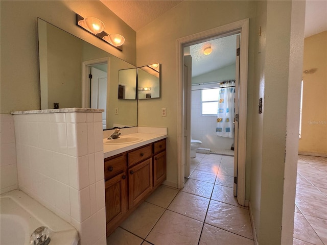 full bathroom featuring lofted ceiling, a textured ceiling, and toilet