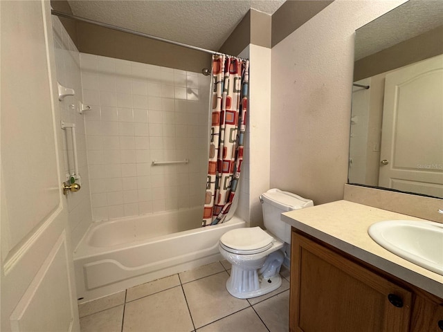 bathroom featuring shower / tub combo with curtain, toilet, a textured ceiling, vanity, and tile patterned flooring