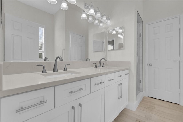 bathroom featuring double vanity, wood finished floors, a sink, and a shower stall