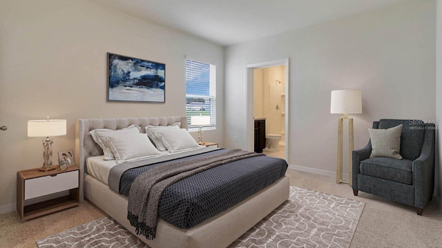 bedroom featuring carpet floors, baseboards, and ensuite bathroom