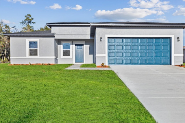 view of front of home with an attached garage, concrete driveway, a front yard, and stucco siding