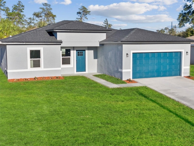 view of front of property featuring a garage, stucco siding, concrete driveway, and a front yard