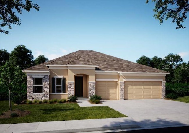 view of front of house with a garage, a shingled roof, driveway, stone siding, and stucco siding