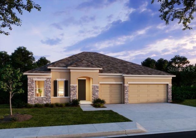 view of front facade with stucco siding, concrete driveway, an attached garage, a front yard, and stone siding