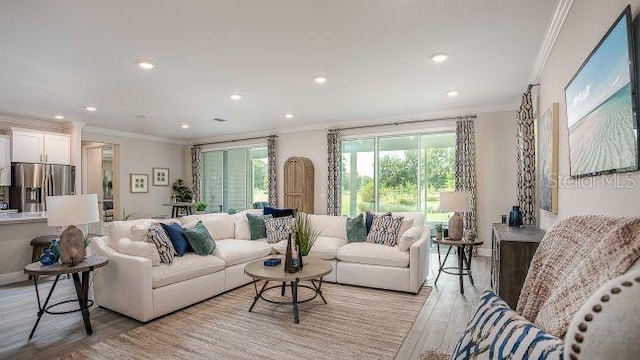 living area with light wood-style floors, recessed lighting, and crown molding