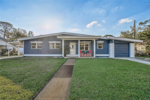 view of front of property featuring driveway, an attached garage, covered porch, a front lawn, and stucco siding